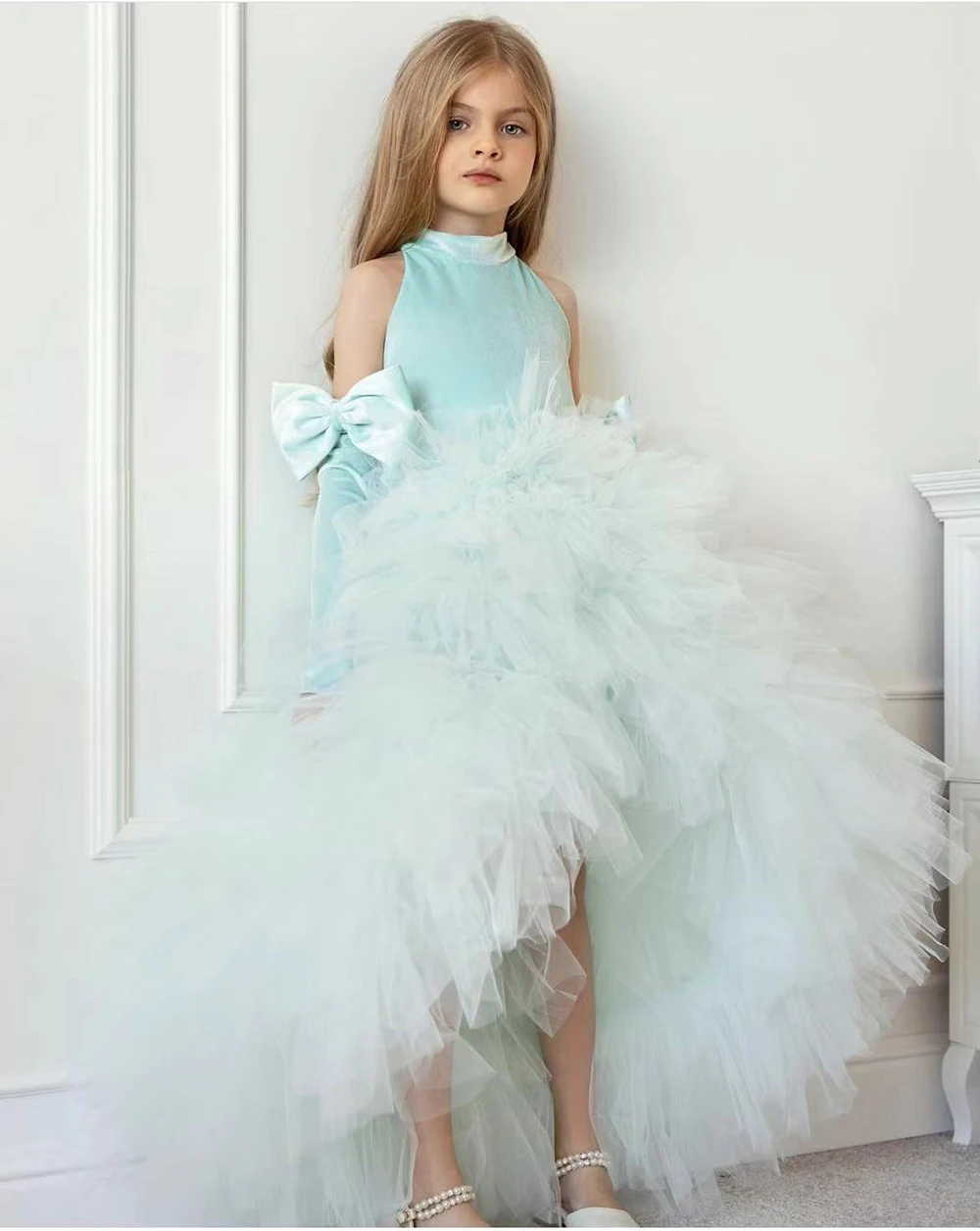 Velvet Sleeveless Tulle Flower Girl Dress For Wedding Elegant Piano Performance Dress Birthday Party First Communion Gown