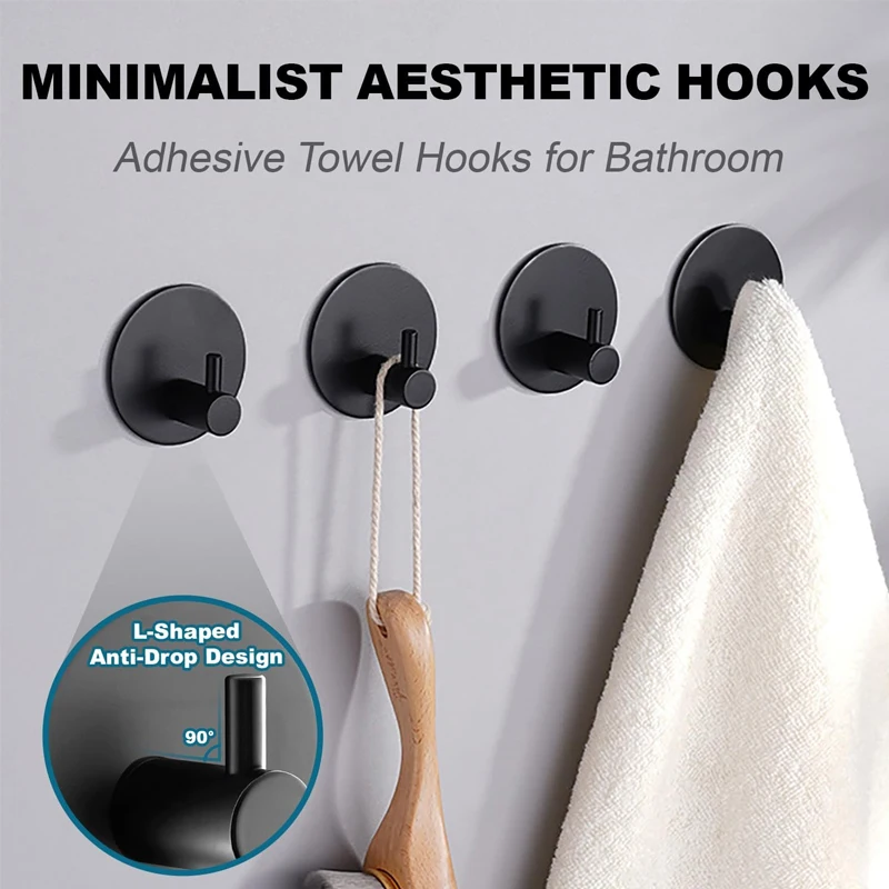 4pcs Stainless Steel 3M Self Adhesive Hooks Sticky Wall Door Hook Robe Tea Towel Rustproof Towel Rack, Clothes Coat Hanger
