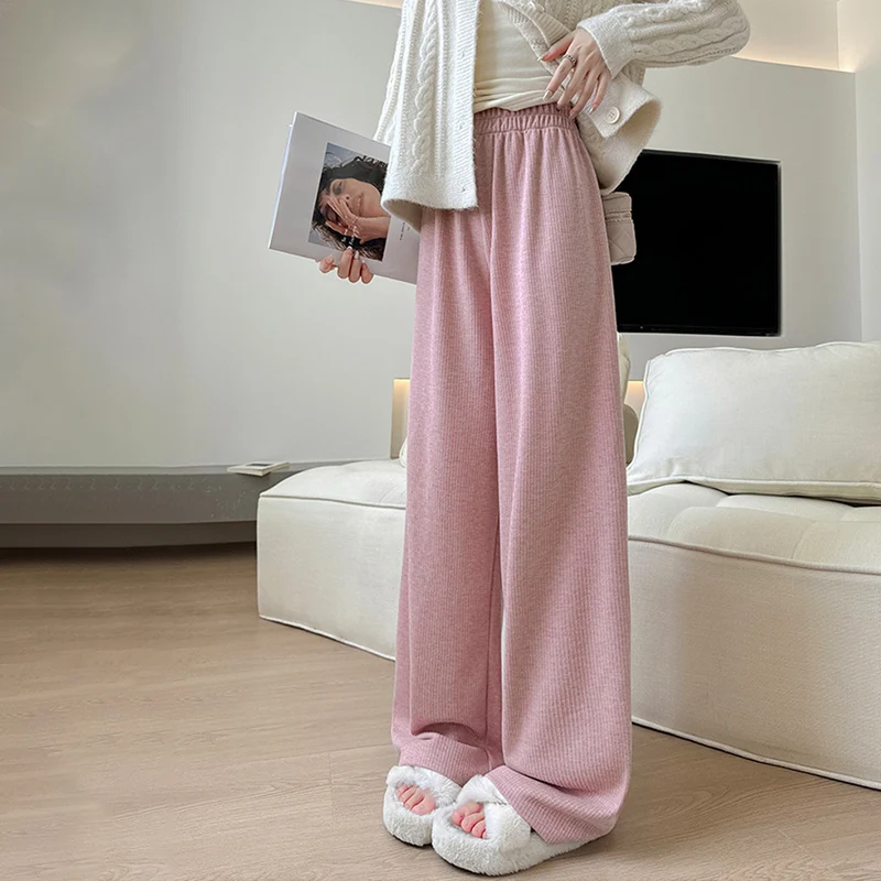 กางเกงไหมพรมถักนุ่มสบายสไตล์ลำลองสำหรับผู้หญิง ใส่ได้ทุกโอกาส ทรงตรงหลวม เรียบง่าย เหมาะกับฤดูใบไม้ร่วงและฤดูหนาว