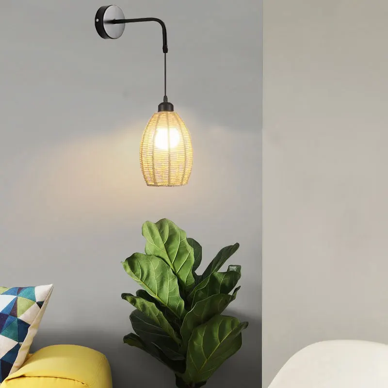 

Creative Japanese Retro Rattan Wall Lamp Hotel Bedside Lamp American Living Room Corridor Restaurant Bedroom Wall Lights