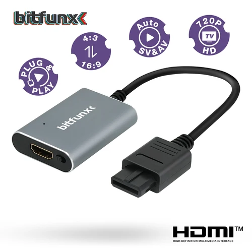 Bitfunx 720P HDMI ™ Adaptador s-video SV/AV HDTV convertidor para NTSC PAL N64 SNES SFC NGC consola de juegos interruptor de relación de aspecto