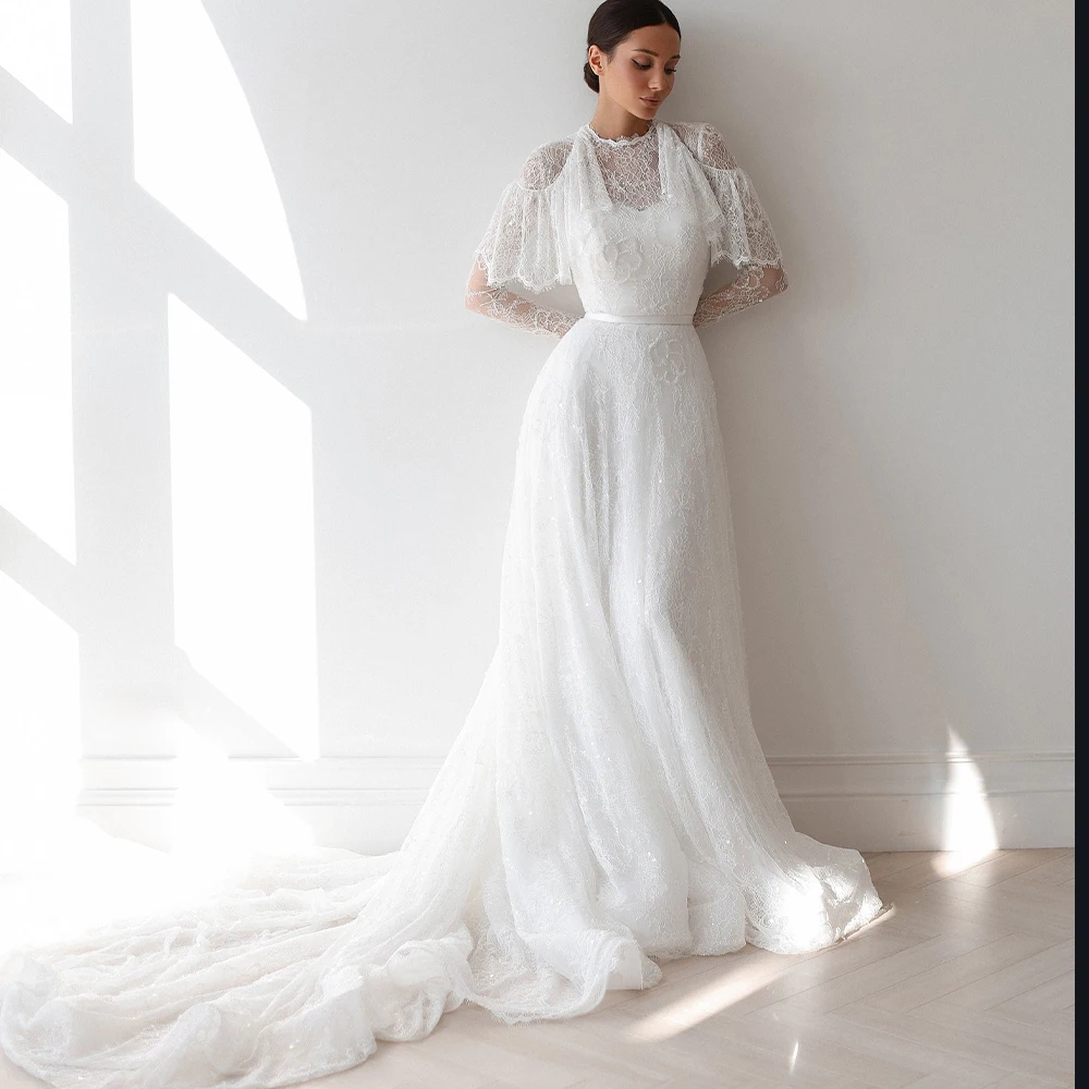 

Luxury Lace Wedding Dresses with Cape High Neck Long Sleeve Bride Dress A-Line Sweep Train Bridal Gown Customized robe de mariée