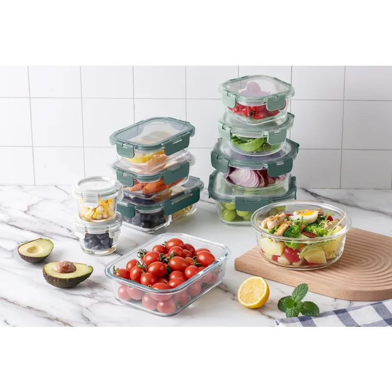 Premium 32-Pc. Borosilicate Glass Food Container Set with Dividers - 4 Rectangles, 8 Rounds, 4 Squares