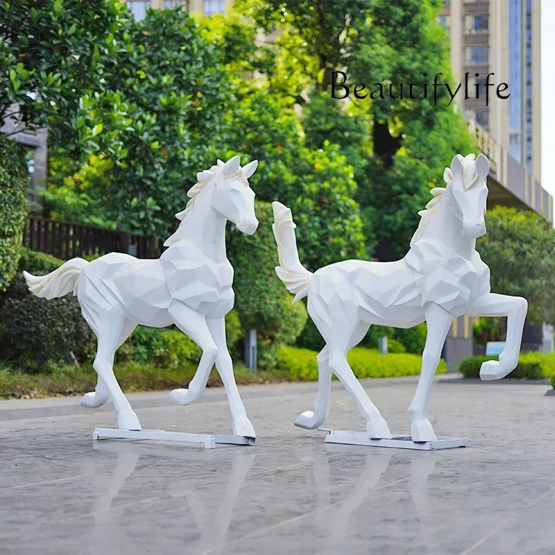 Outdoor garden landscape geometric white horse fiberglass sculpture animal model block surface decoration large ornament