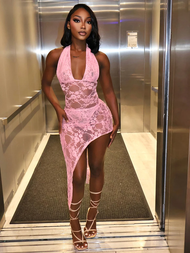

Leosoxs Sexy Fashion 2 Piece Set Woman Lace Patchwork Halter Low-Neck Backless Skinny Bodysuits+Irregular Mid Skirts Suits