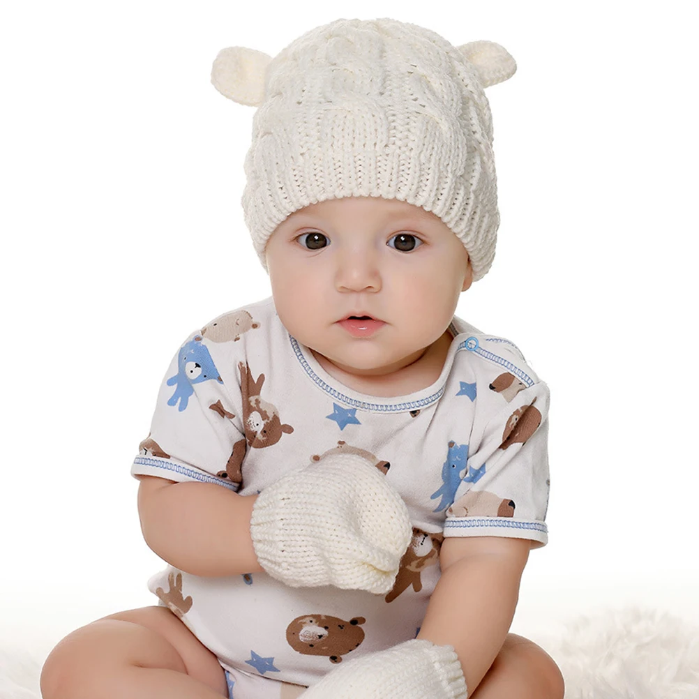 

Beanie Kid Baby Hat Set Gloves Warm Autumn and Winter Kids Hats White Yarn Girl