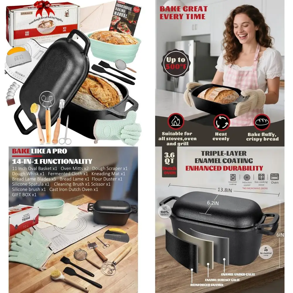 

Oval Cast Iron Dutch Oven for Bread Baking - 3.6 Quart Pot with Lid, Perfect for Sourdough and Starter Kit Essentials