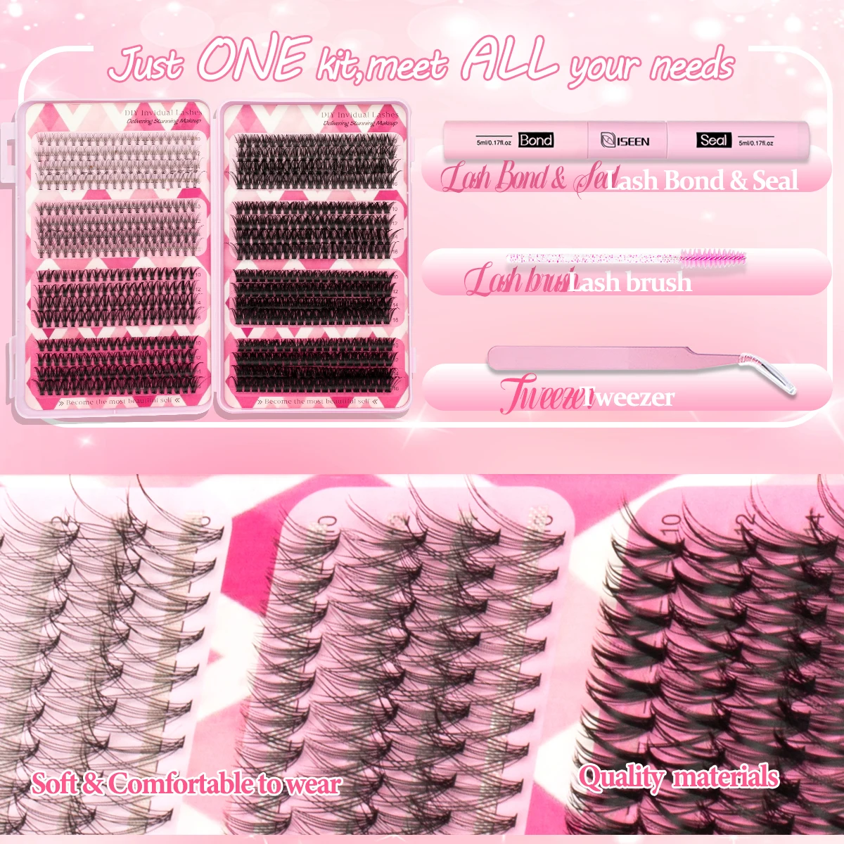 640個入りまつげエクステキット、大容量ラッシュクラスターキット、10～16mm、まつげボンドとシーラー、まつげピンセット付きDIYキット