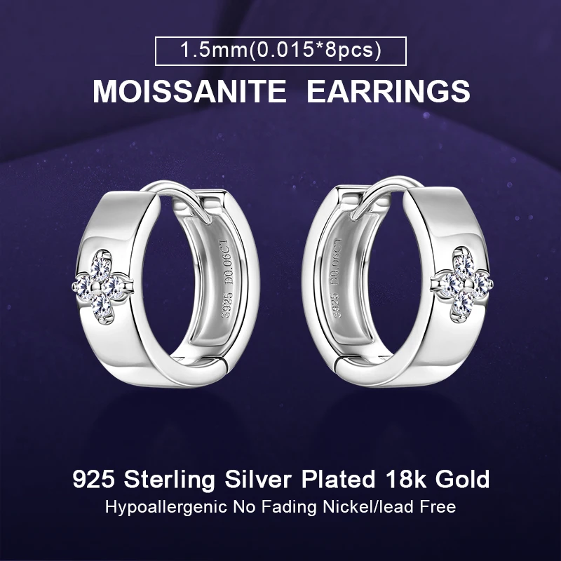 

IOGOU 925 Sterling Silver Moissanite Hoop Earrings Four Leaf Clover Flower Design Fashionable Engagement Jewelry for Women Men