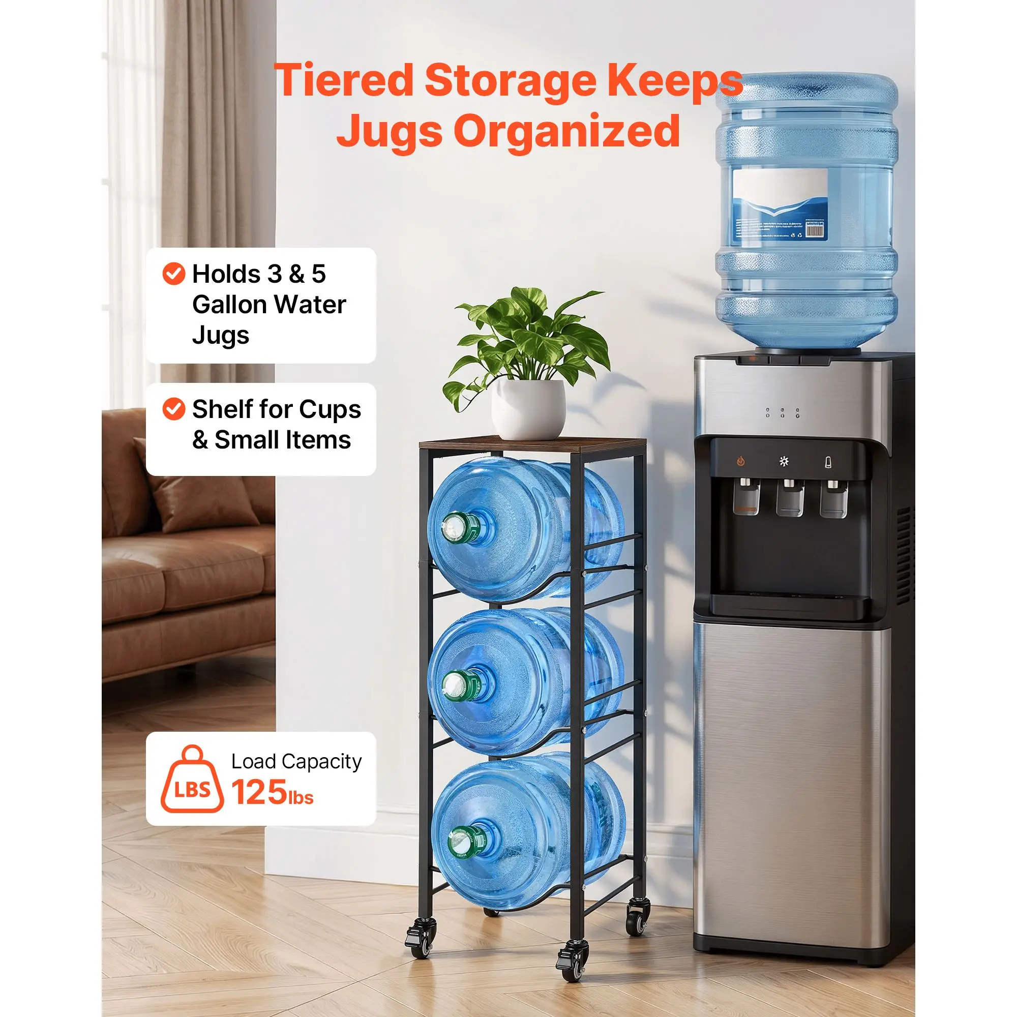 Water Jug Holder, 4 Tiers 3 and 5 Gallon Water Bottle Holder for 3 Bottles, Heavy Duty Jug Rack Organizer with Storage Shelf and