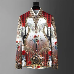 Camisa Retro Estampada Masculina Luxo, Coroa Diamante, Camisa Social Casual, Manga Longa, Slim Fit, Vestido de Festa Empresarial, XS-6XL, Fashion