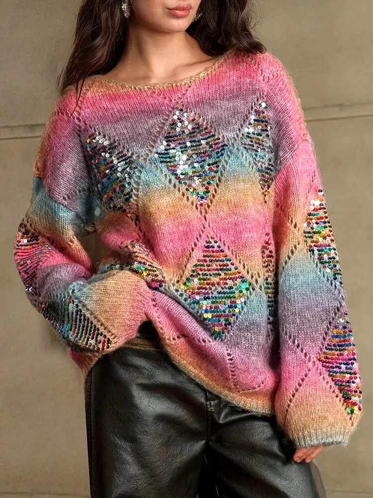 

Женская шерстяная куртка с круглым вырезом и радужным узором, с вышивкой в технике «жемчужный бриллиант», женская куртка