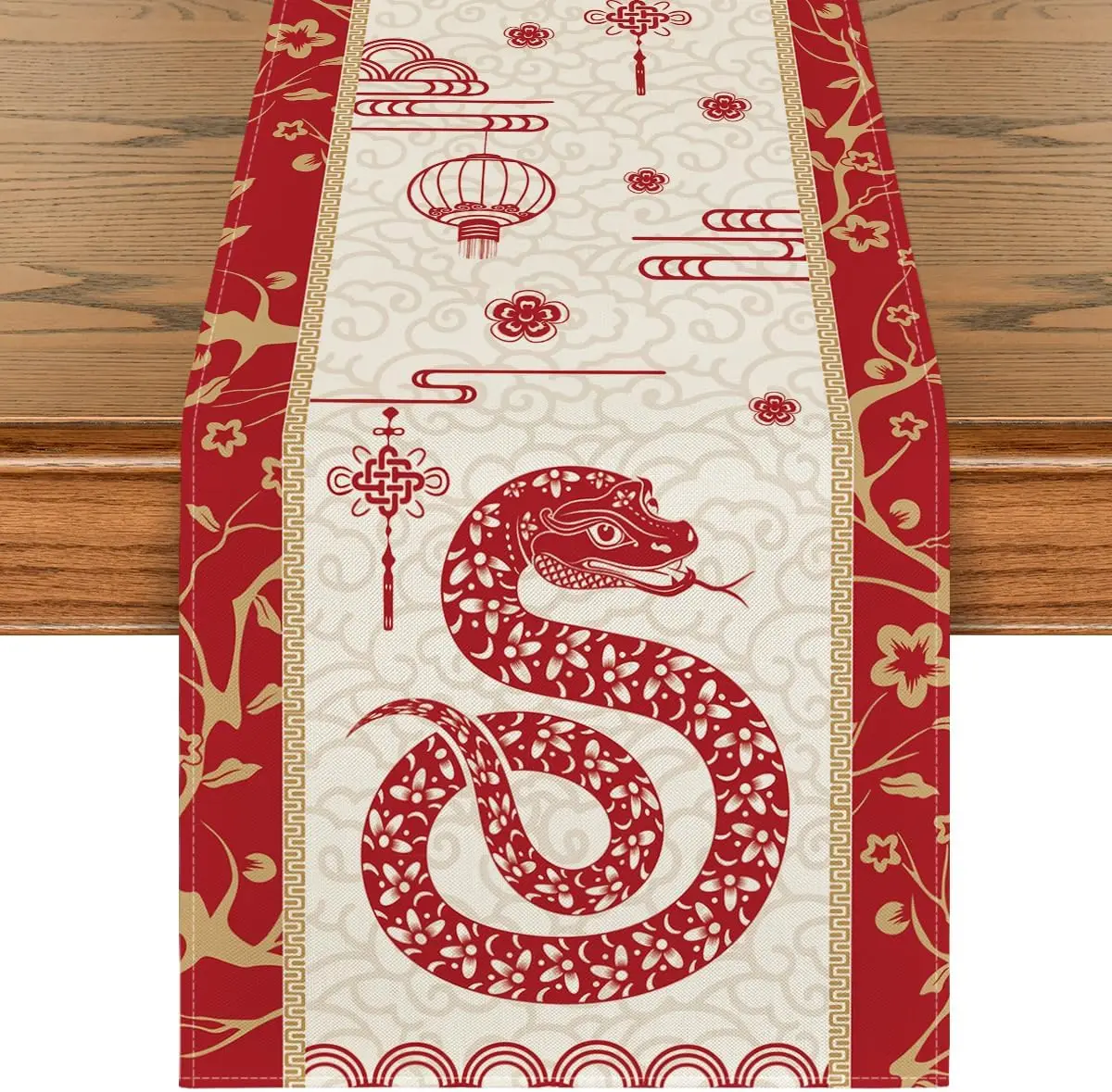 2025 Chinese Zodiac Snake New Year Linen Table Runner Party Decor Spring Festival Dining Table Runner Chinese New Year Decor