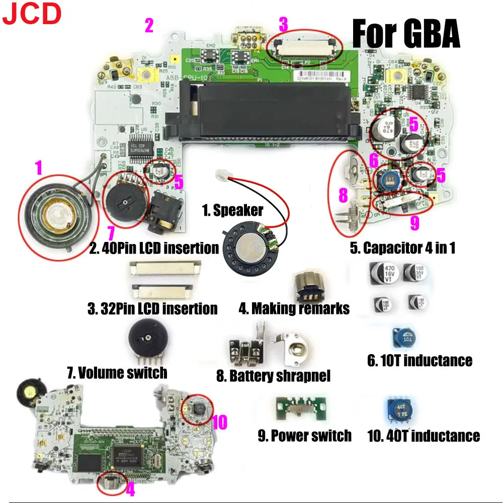 JCD 1pcs For GBA Game Console Maintenance Accessories For GBA LCD Insert Capacitor Inductor Speaker Power Supply Volume Switch