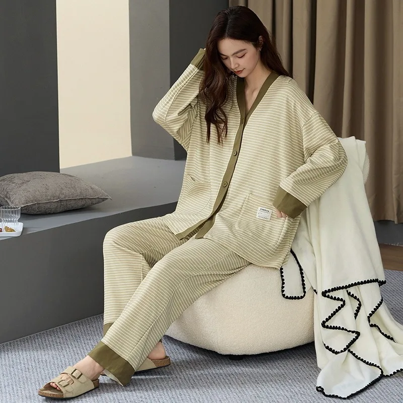 

Cute Women's V Neck Long Sleeve Pants Loungewear Set Antibacterial Pure Cotton Pajamas Spring Autumn Stripe Casual 2 Pieces