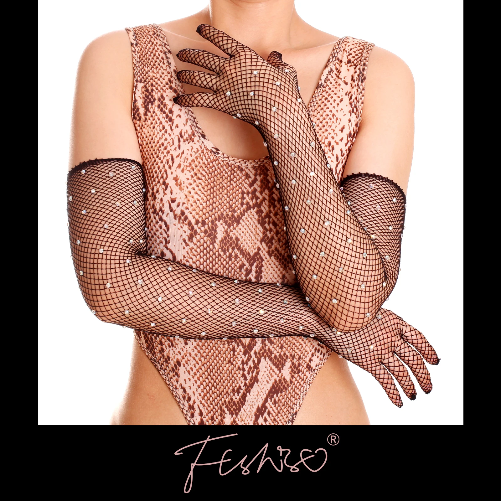 Ftshist Flash Diamond Mesh Long Gloves Sexy Stretch Full Fingers Gloves Black Fishnet Bling Long-Sleeve Stage Party Accessories