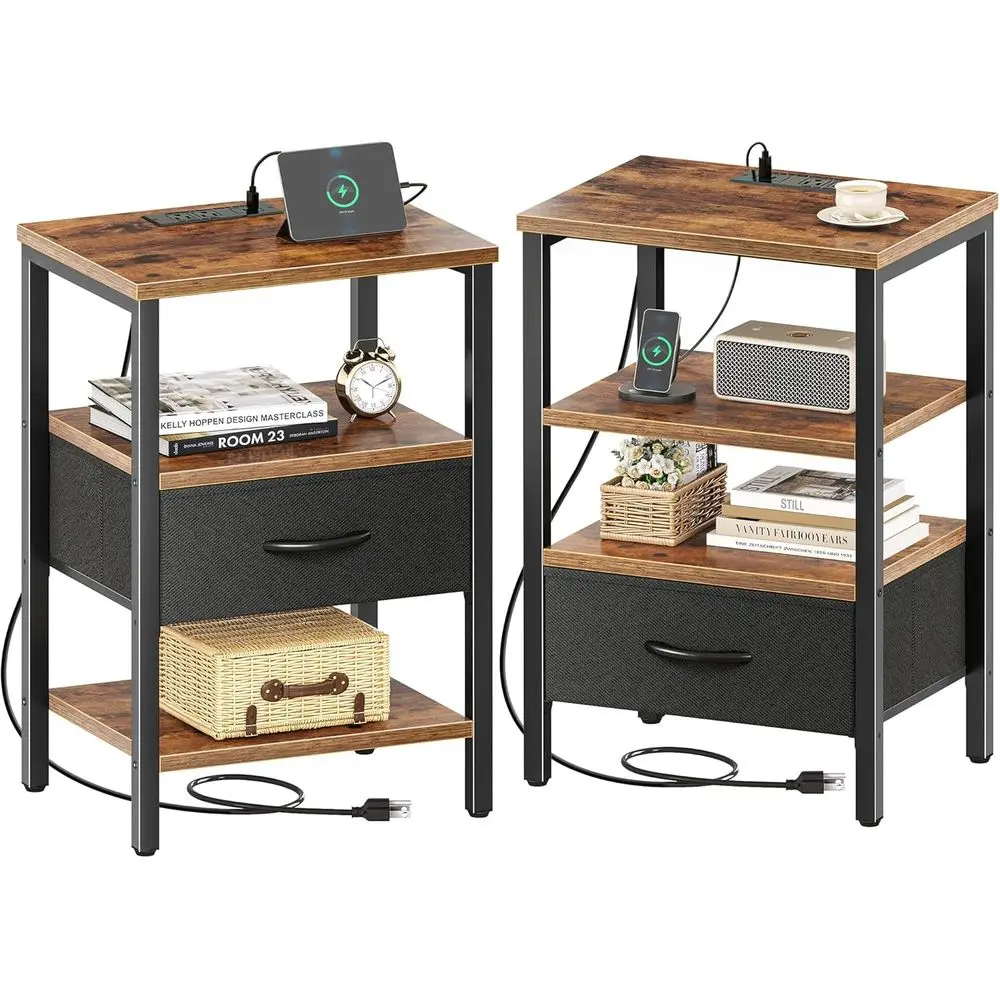 

2-Piece Nightstand Set with Charging Station, Adjustable Fabric Shelf, 3-Tier Storage, Rustic Brown and Black for Bedroom or Liv