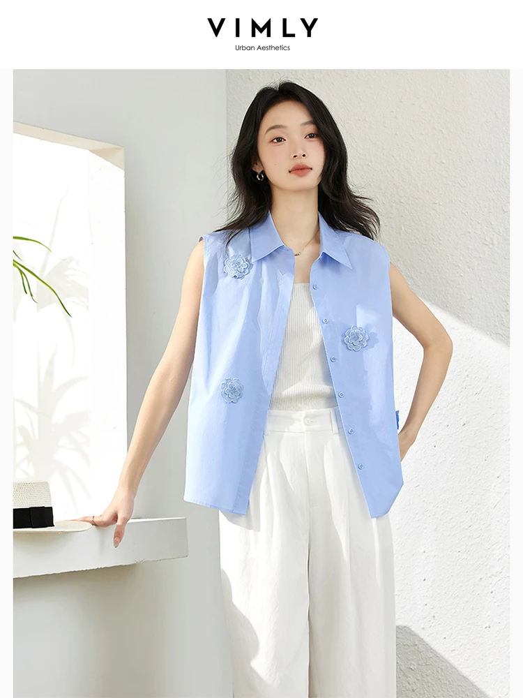 

VIMLY Tops Women’s 2025 Casual Summer Blue Floral Embroidered Sleeveless Shirts 100% Cotton Woman Blouses Camiseta Mujer