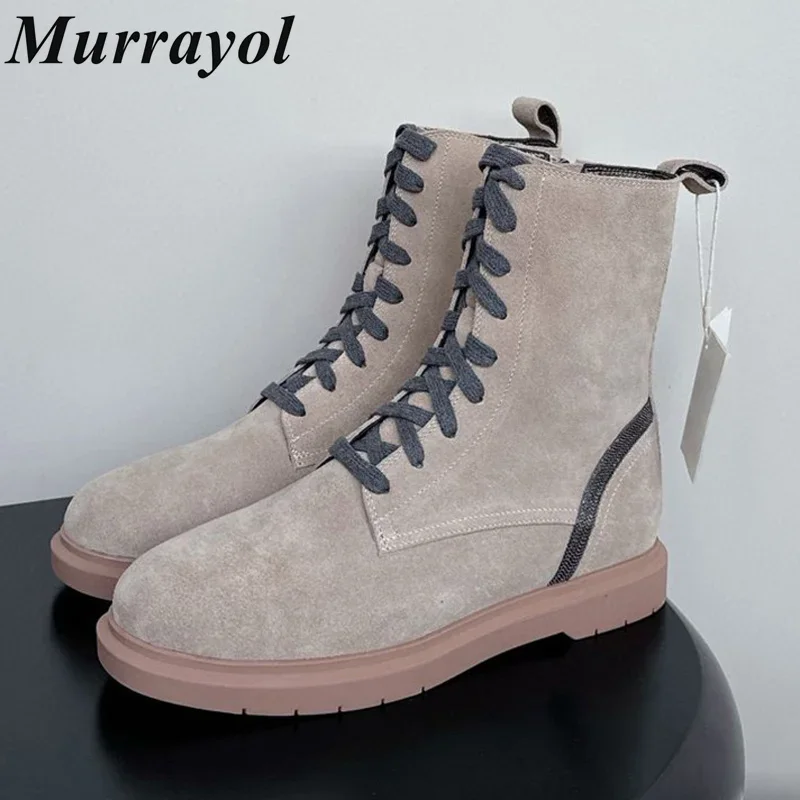 String Bead Decor Flat Heels Short Boots Women Round Toe Cow Suede Lace-up Ankle Botas  Autumn Winter Retro Modern Boots