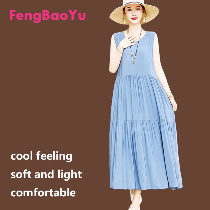 Feng Baoyu Cotton Silk Lady's Dress Sleeveless Blouse Long Dress Elegant and Graceful, Casual Homewear, Comfortable and Cool