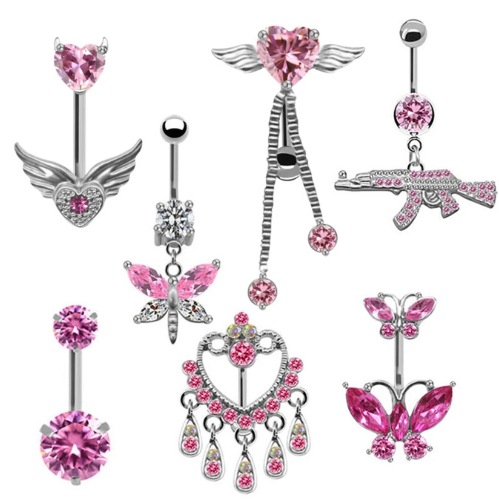 Guemcal 1 Pc Pink Navel Ring Navel Button Button Stud Stainless Steel Dragonfly Pistol Butterfly Navel Ring