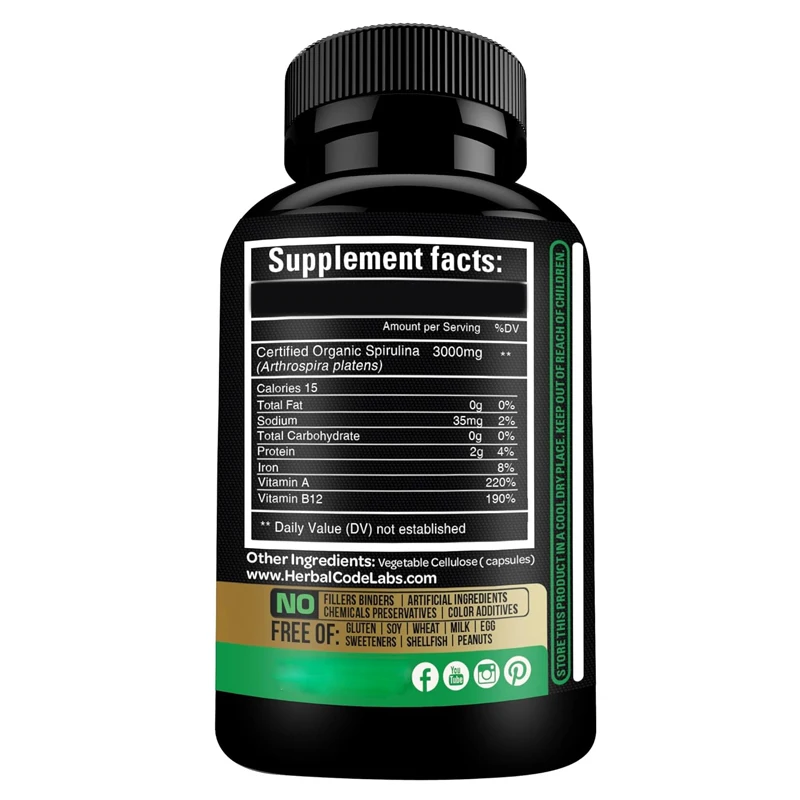 Espirulina orgánica en polvo 60 cápsulas 300 mg La mejor proteína vegetariana original - Superfood verde - Multivitamina natural