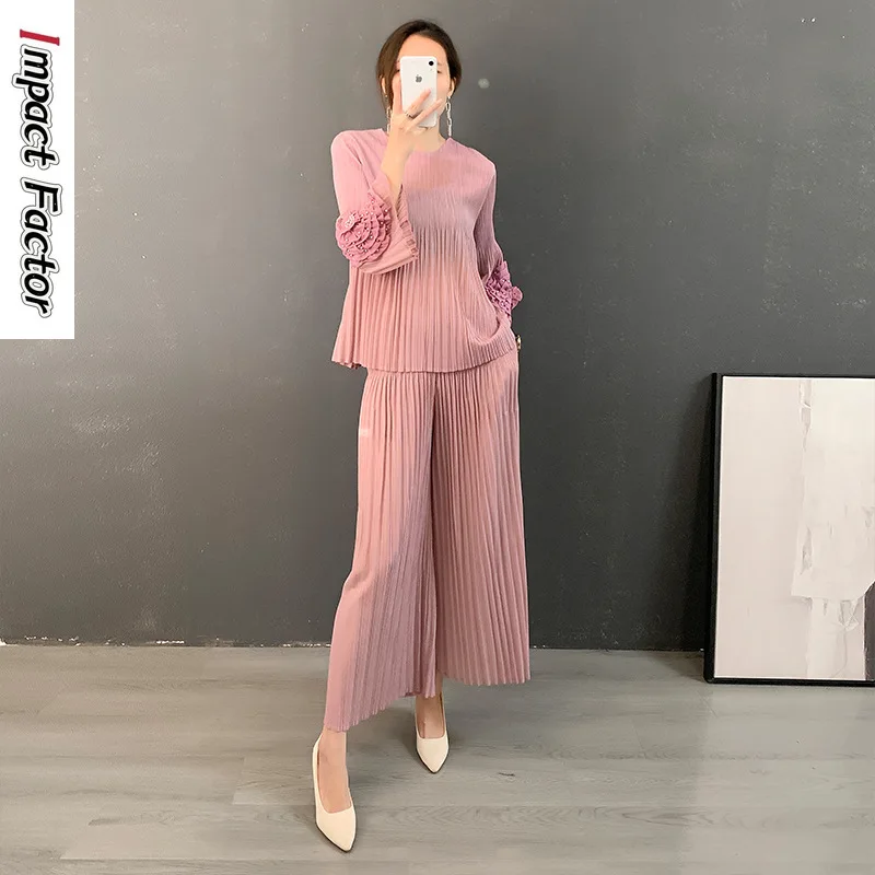 

2024 Early Spring Pleated Fashion Set Women's Vintage Bubble Sleeve Round Neck Top+Wide Leg Pleated Skirt Two Piece Set