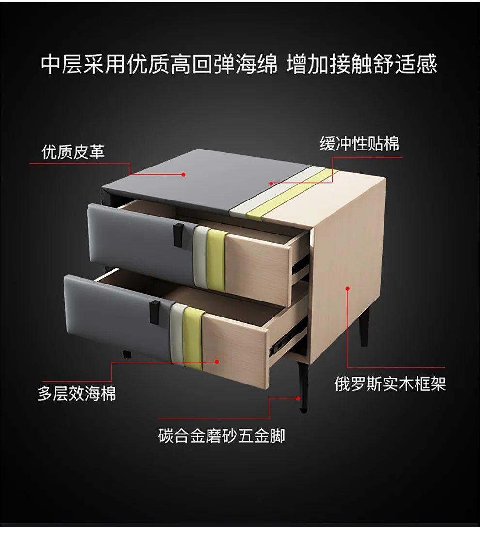 نورديك، فاخر خفيف، طاولة بجانب السرير، جلد، خشب متين، بسيط، حديث، رمادي، تخزين غرفة النوم