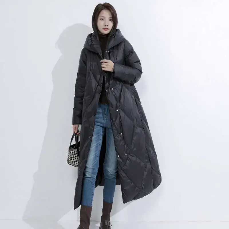 سترة بيضاء مبطنة للنساء سترات شتوية بقلنسوة أنماط طويلة واحدة الصدر معطف مقاوم للرياح ملابس ثلج فضفاضة غير رسمية ملابس خارجية