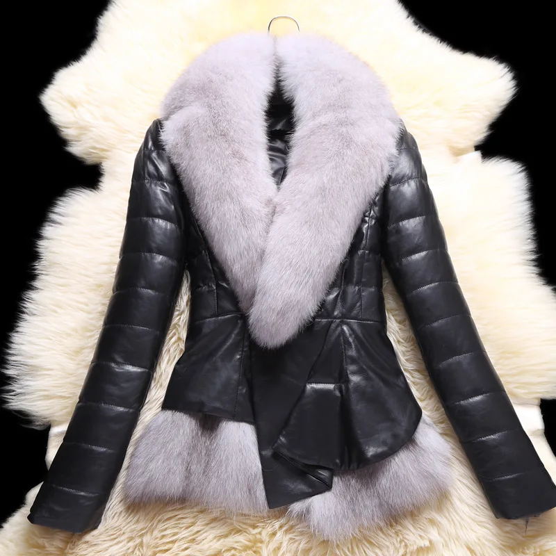 Ayunsue jaquetas de couro genuíno para as mulheres jaqueta de inverno puffer para baixo casacos de pele de raposa gola fina casaco de pele de carneiro manteau femme