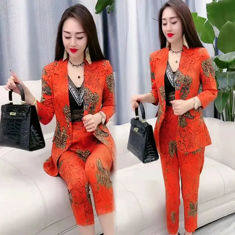 Spring 2024 New Style Fashion Temperament Versatile Slim Print Suit Top Cropped Pants Two Piece Women\'s Holiday Wear Casual Wear