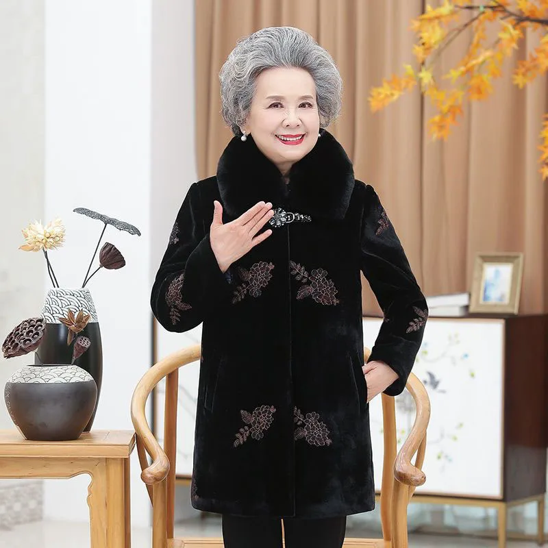 Old People Winter Woolen Jacket Long Coat 5XL Women\'s Warm Outerwear Grandma Thicken Sheep Shearing Fur Coats W1764