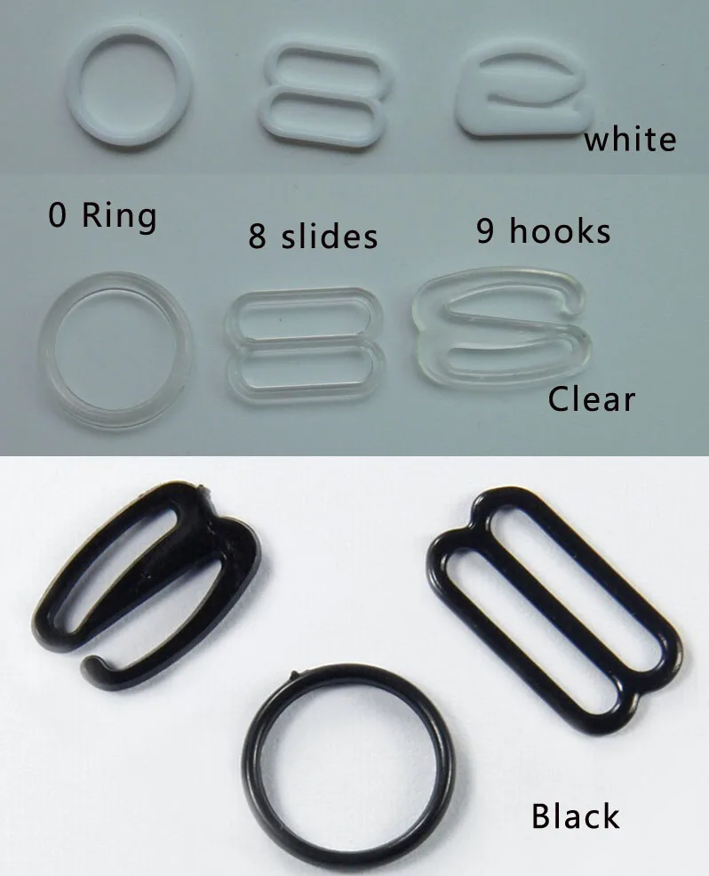 100pcs/bag Plastic Lingerie Underwear Bra Strap Adjustment O Rings 8 Slide 9 Hooks ，Inner Diameter 6/8/10/12/15/18/20/25mm