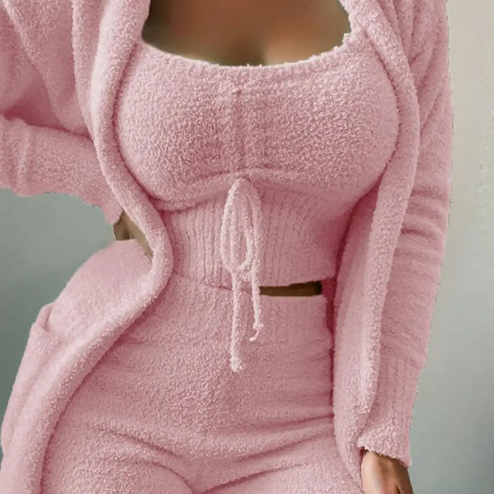 3 Pcs/Set Women Pajamas Set Solid Color Plush Crop Tops Trousers Set Thermal Short Tops Warm Long Coat Pants Suit For Sleeping