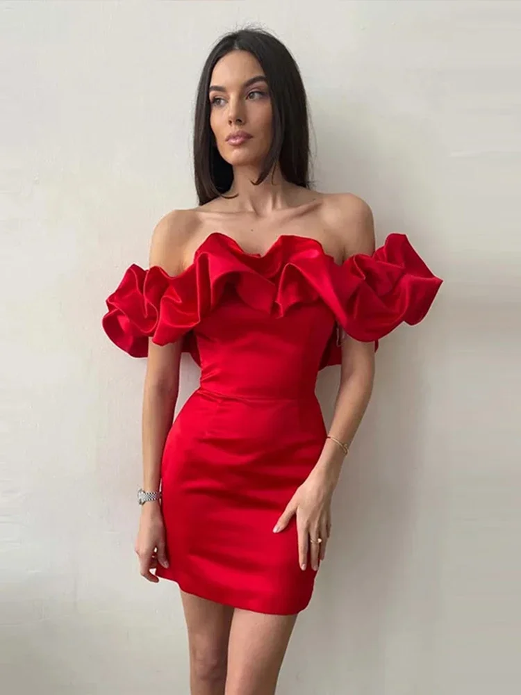 Moda Ruffles Slash Neck Mini Dress 2024 Summer Women Solid Backless senza spalline abiti aderenti Lady Chic banchetto abito da sera