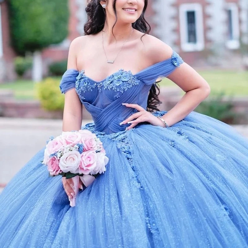 

Blue Shiny Quinceanera Dress Off The Shoulder Ball Gown Princess Appliques Lace Tull Sweet 16 Birthday Party Gown Vestidos De 15