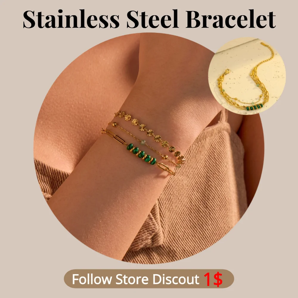 

Stainless Steel Three Layers Natural Stone Bracelet Plated 18k Gold Non Tarnish Trendy Fashion Jewelry Bracelet For Women Gift