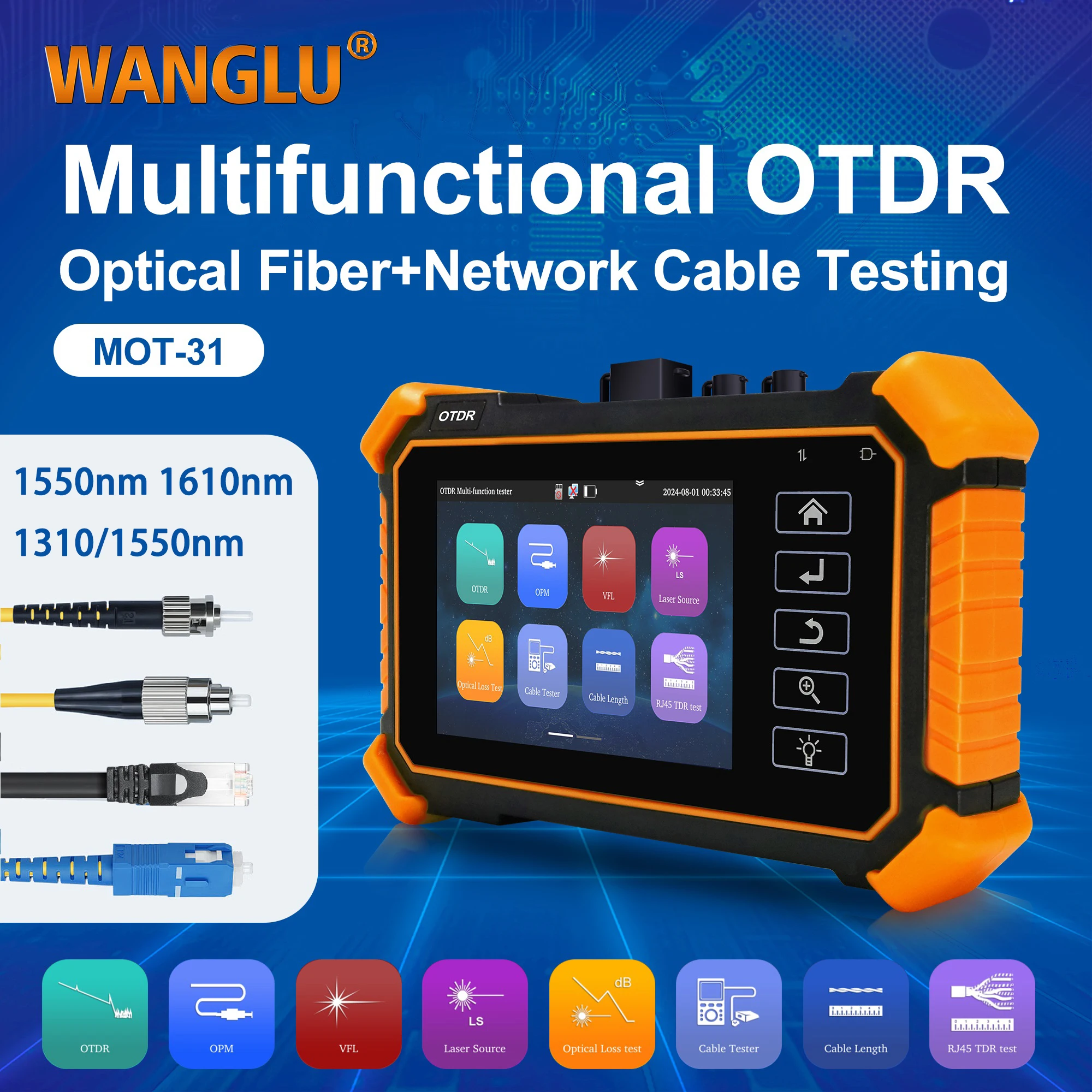 

WANGLU Multi-Function OTDR Fiber Tester Optic Reflectometer MOT-31 1550nm 1310/1550nm 1610nm with OPM VFL LS UTP LAN Event Map