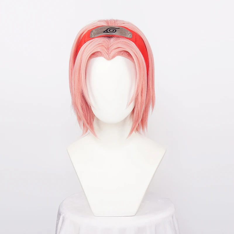 Girl Synthetic Anime Cosplay Haruno Sakura Wig Pink Cute Hair Heat Resistance Party Play Role + Red Headband + Wig Cap Free