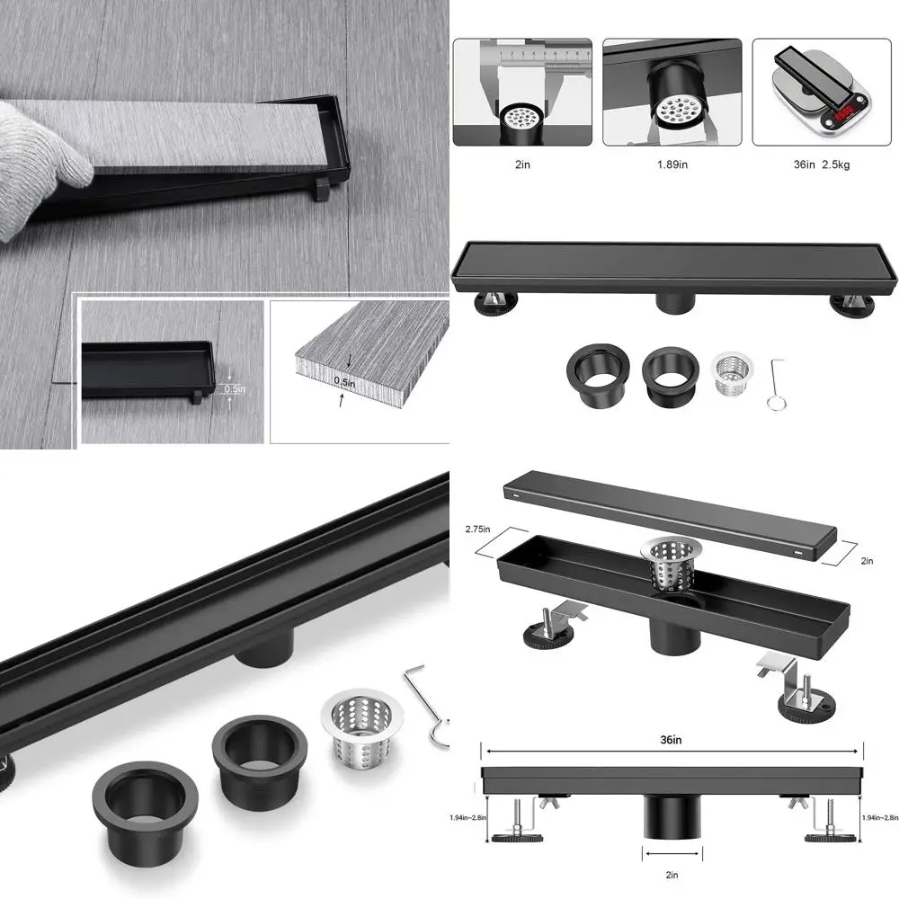 

36 Matte Black Linear Shower Drain with Reversible Cover and Hair Catcher, Stainless Steel Floor Drain with Adjustable Feet
