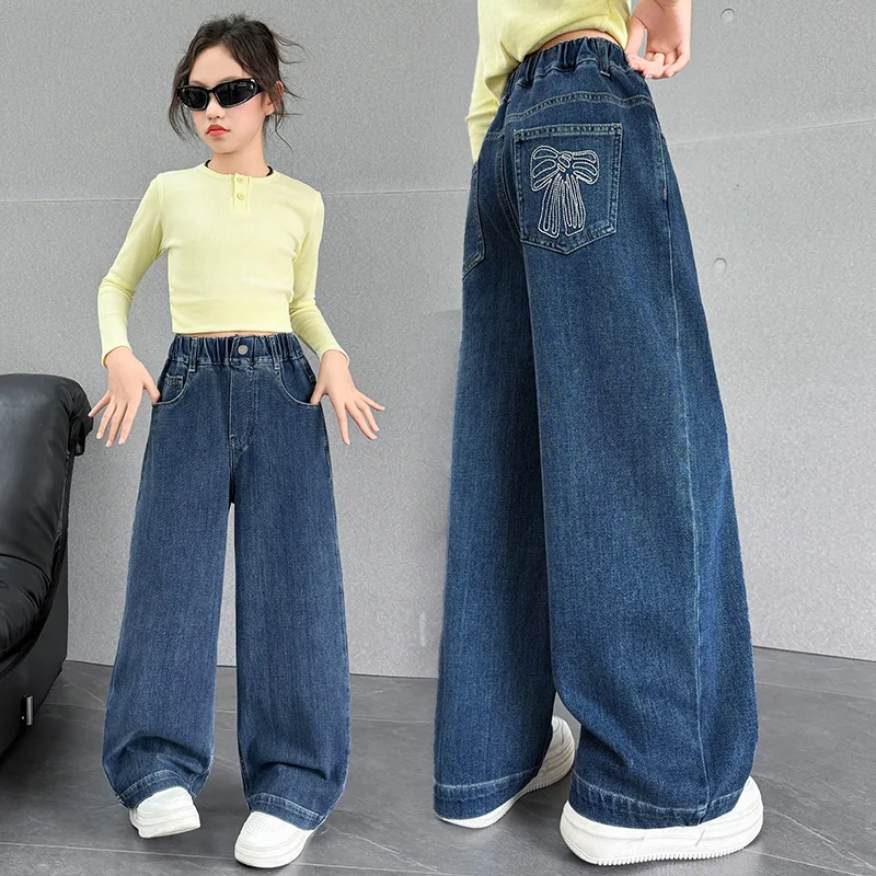 

Girls Embroidered Jeans Butterfly Bow Flare Denim Pants Kids Loose Casual Trousers for Girls Aged 7-14 Weekend Play