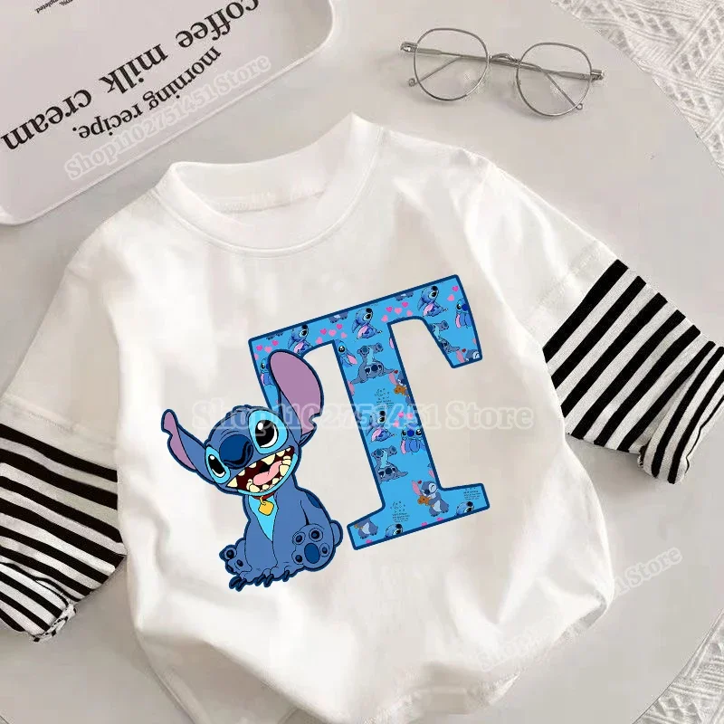 Cartoon Disney Stitch Letter A-Z Print T-shirt for Kids Striped Sleeves Tops Fake Two Piece Clothes Boys Girls Boutique Clothing