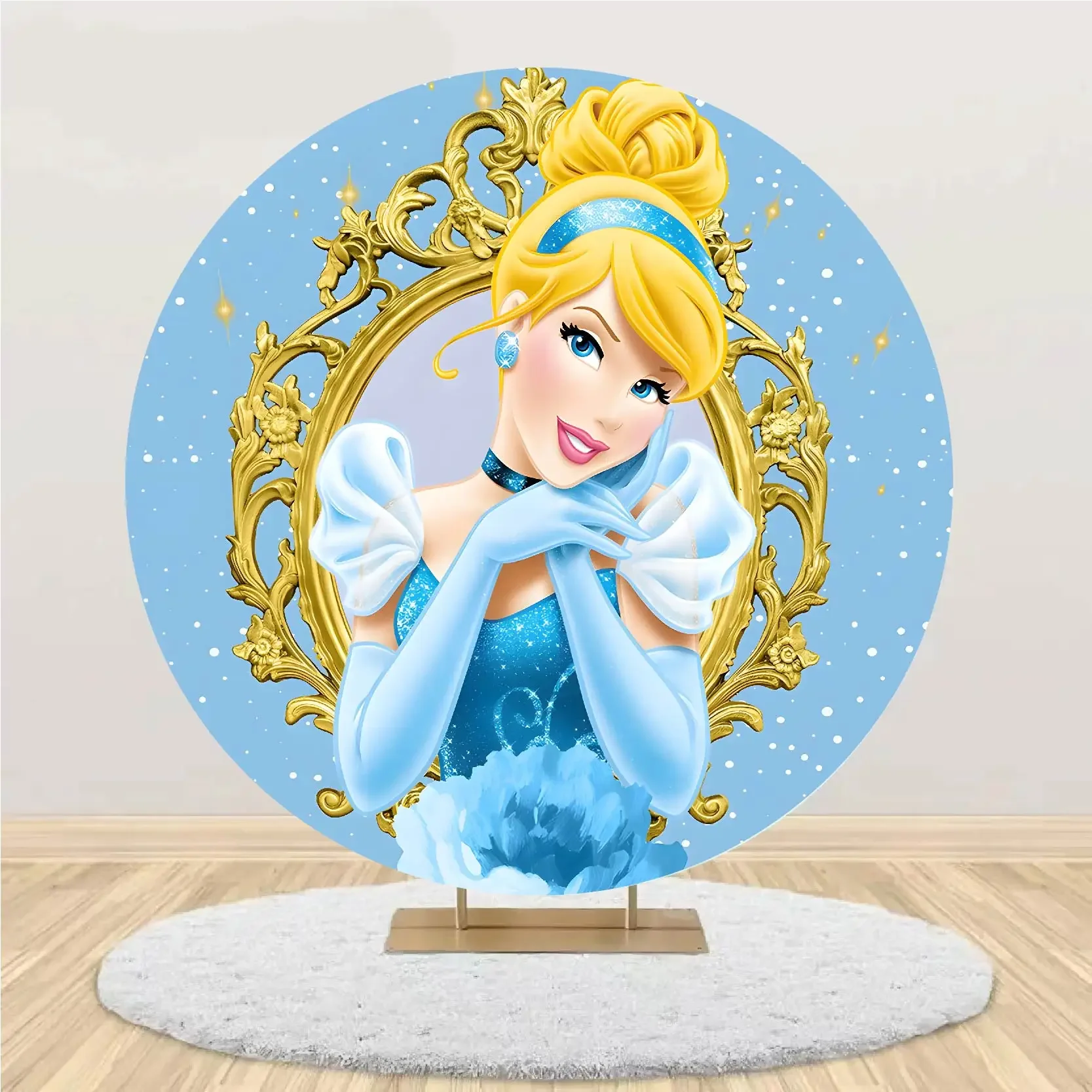 Blue Dress Blond Hair Princess Cinderella Round Backdrop Cover Crystal Shoes Cylinder Cover Girl's Birthday Party Decoration