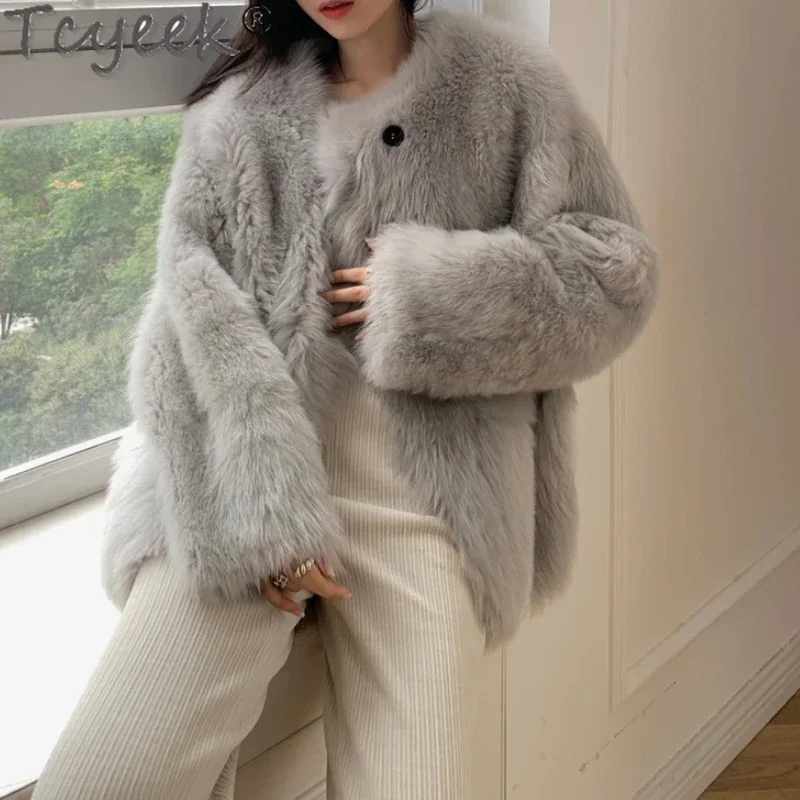 

Tcyeek Winter Coat Female Sheep Shearling Lamb Wool Coat Women Clothes Korean Warm Fur In One Coat Real Fur Coats and Jackets Zm