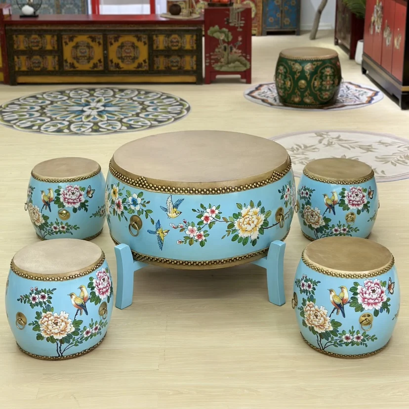 Colored Chinese style tea table, drum table, drum stool combination, five piece set, old cowhide set, drum Kung Fu tea table