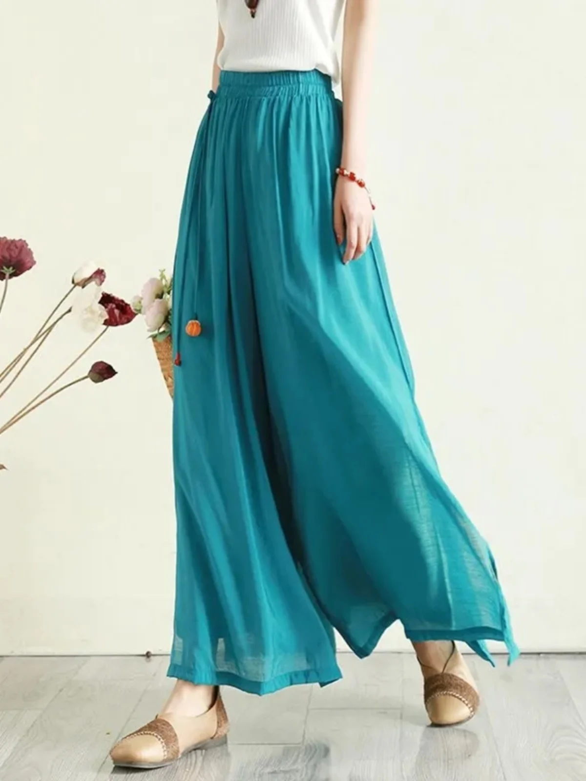 

Летние тонкие широкие брюки для женщин, свободные льняные брюки для йоги, двухслойные, для танцев, художественные, длинные, повседневные брюки