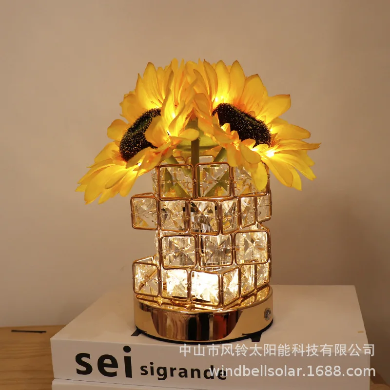 Luz de noche LED de girasol, decoración de cristal rosa para escritorio, dormitorio, ambiente de cabecera, lámpara de escritorio, regalo de cumpleaños