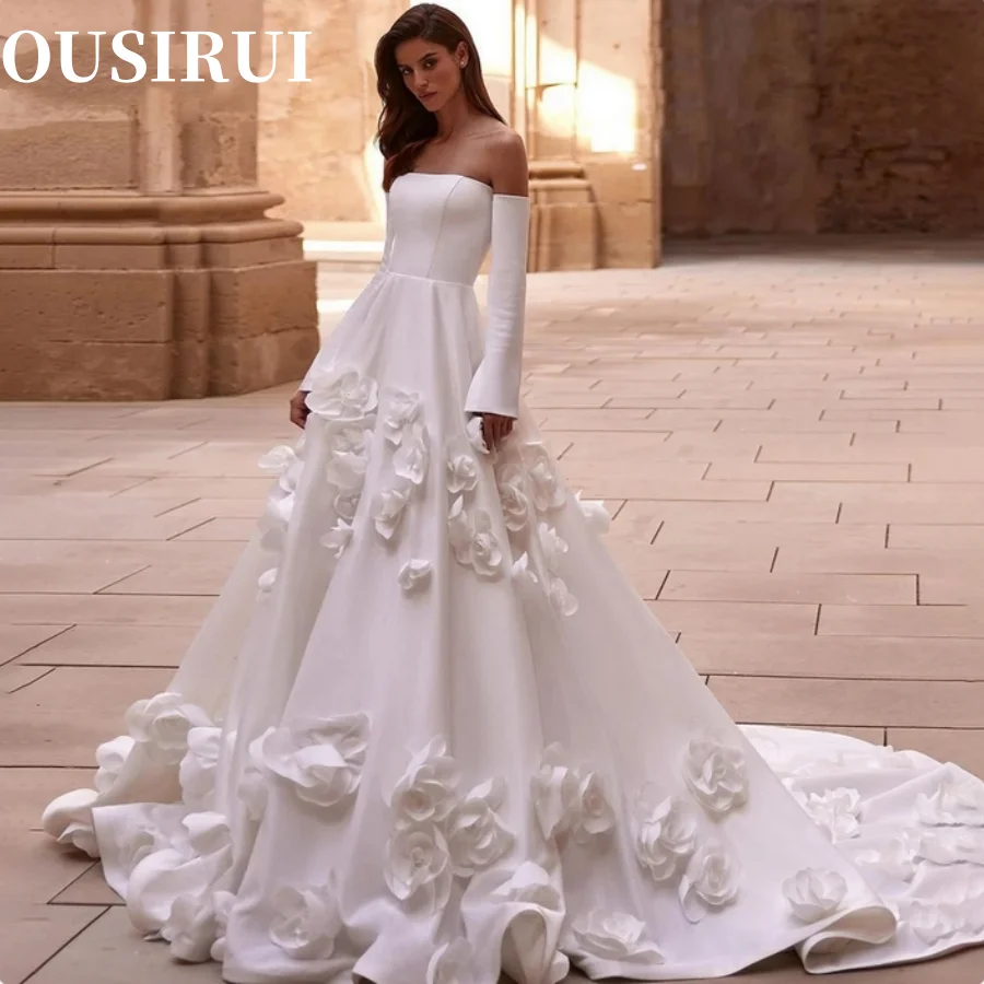 

OUSIRUI A-Line Strapless Backless Bridal Gowns 3D Flowers Princess Bride Dress Vintage Solid Satin Wedding Dresses Off Shoulder