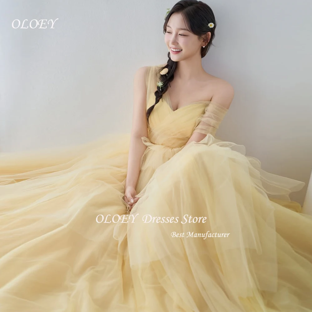 

OLOEY Strapless Tulle Evening Dress Yellow Off Shoulder Korea Wedding Photo Shoot Dress Long Tiered Corset Customized