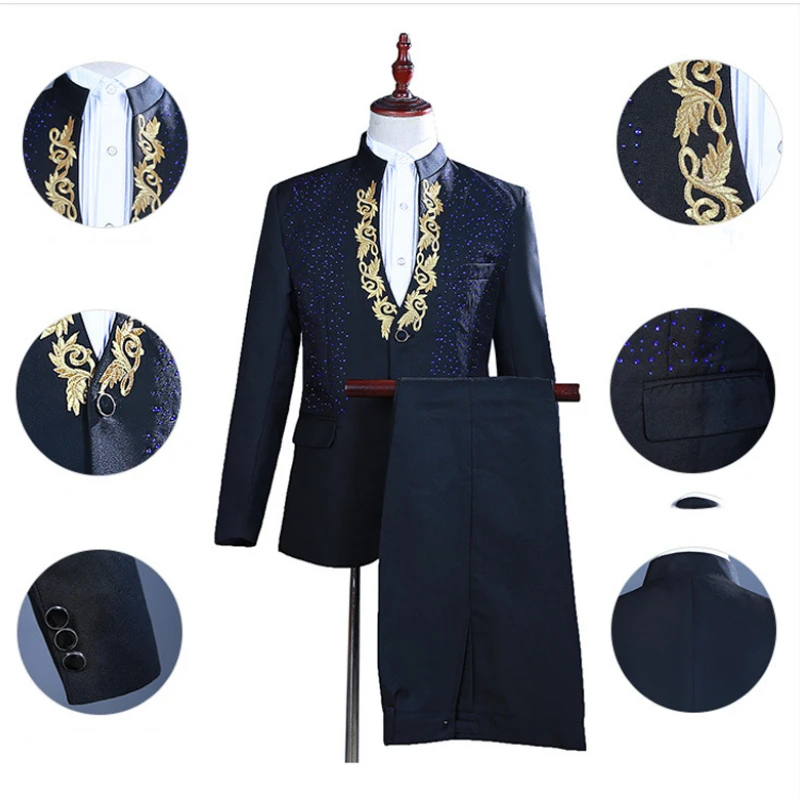 2-Piece Embroidered Diamond Suit White Mens Stand Collar/Lapel Men For Wedding Groom Tuxedo Prom Stage Suits (No Tie)